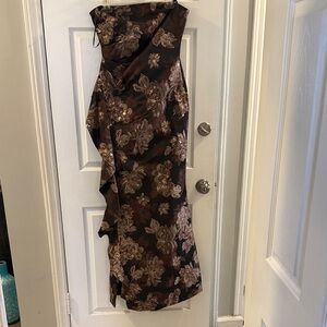 Donna Karan Brown Floral Strapless Gown